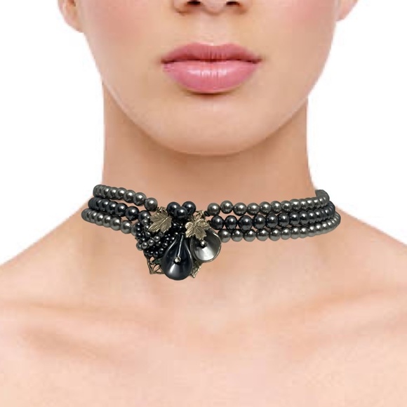 Vintage Gray & Silver Pearl 3 Strand Choker w/Filigree Grape Leaves Pendant - Picture 1 of 9